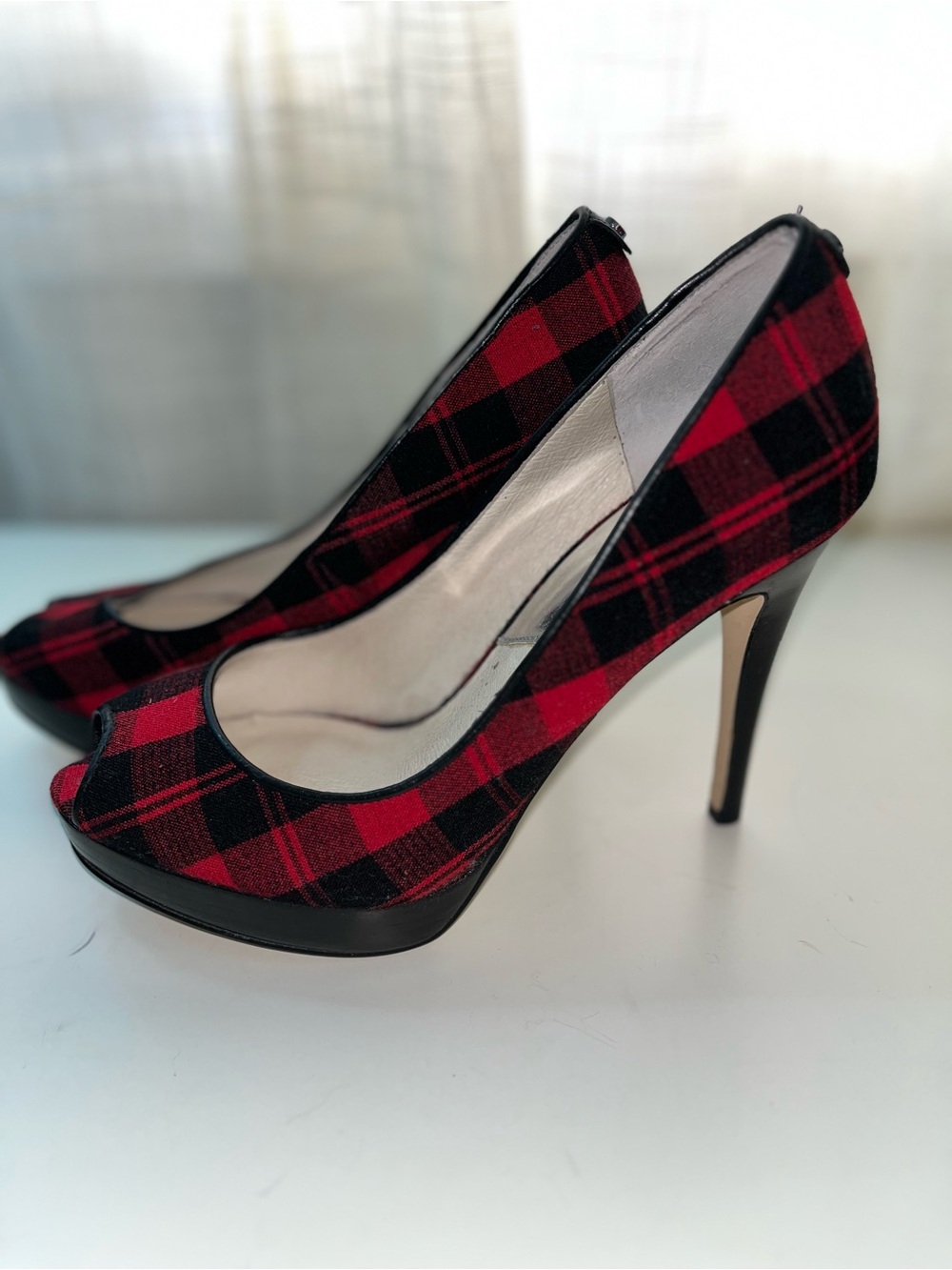 Michael Kors Red Plaid Peep-Toe Platform Heels / Pumps